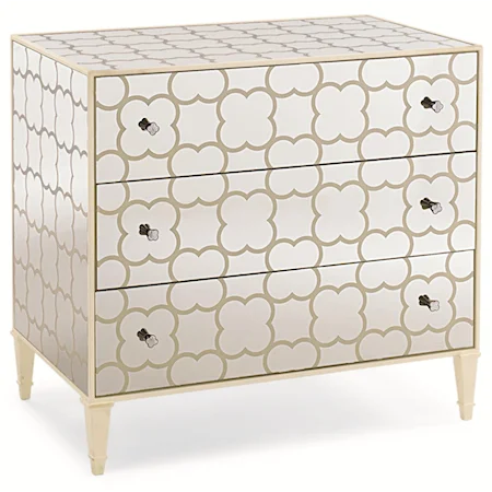 "Cookies & Cream" Mirror Paneled Nightstand with Patterned Case, 3 Drawers and 3-Plug Electrical Outlet